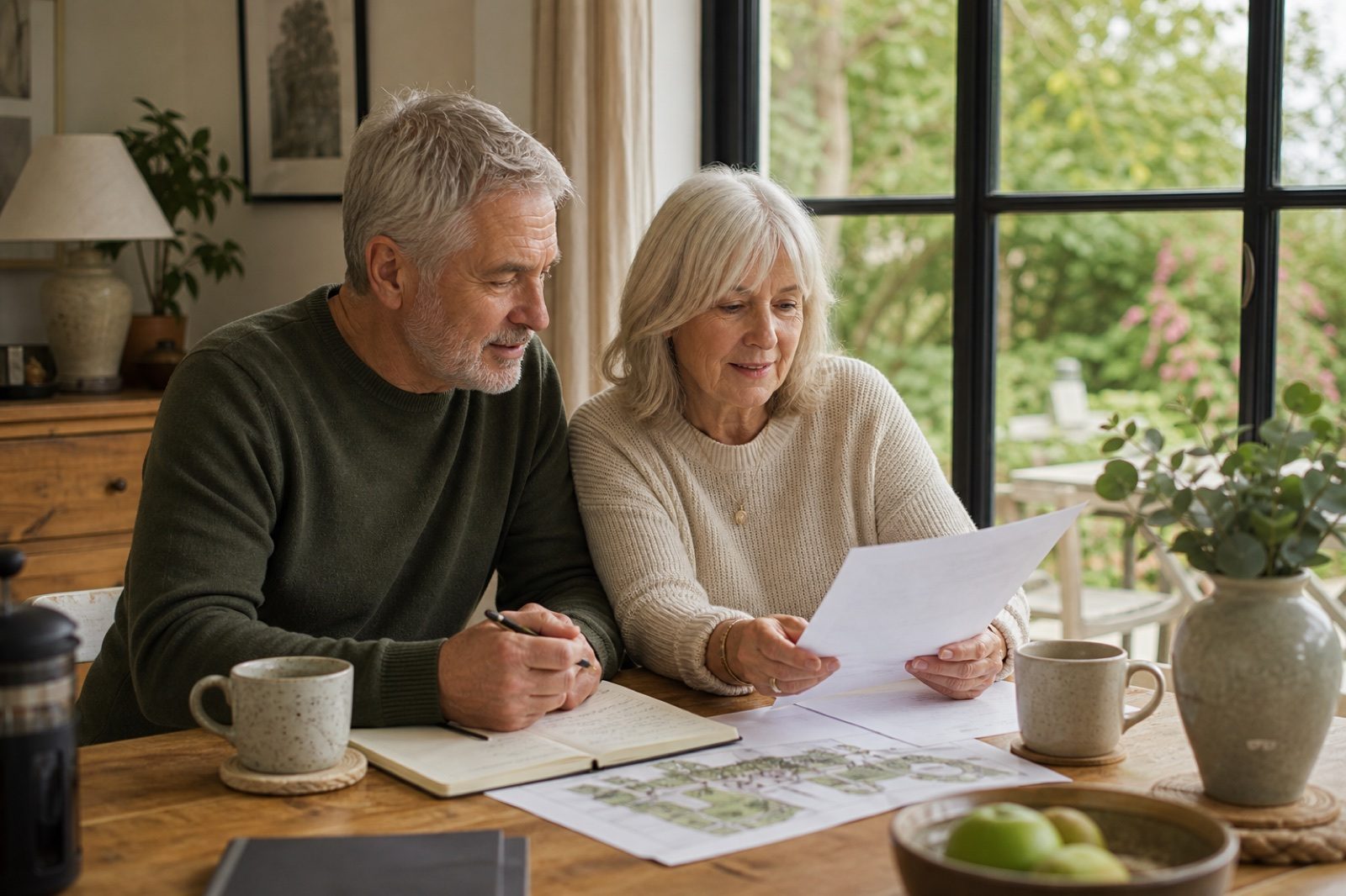 An older couple at home reviewing their retirement plans