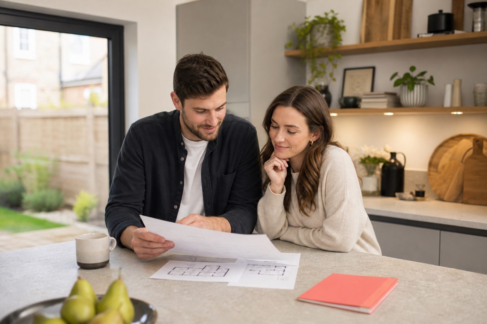 A couple going through mortgage paperwork at their kitchen table